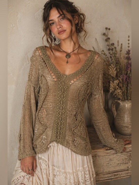 Vintage Sweaters - Vintage Y2K Crochet Open Knit Sweater in Tan